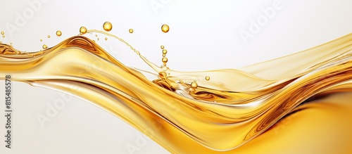 A stunning image of glistening golden oil with captivating ripples and sparkling bubbles that is set against a clean white background perfect for copy space