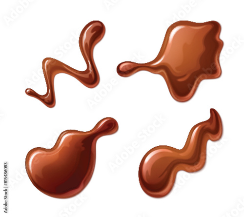 Liquid toffee caramel or hot milk chocolate splash and drops. Realistic 3d vector illustration set of sweet brown dessert sauce or syrup droplet. Sugary choco creamy confection spilled droplets.