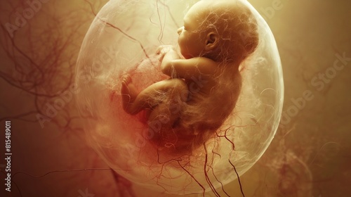 Little human baby inside mother womb. Small embryo in uterus. Cute unborn child sleep in belly. Origin beginning of life concept. Woman pregnancy. Tiny innocent infant grow. Childbirth medical science