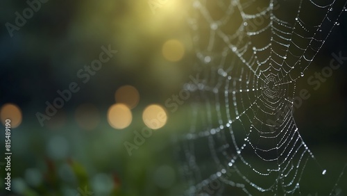 Delicate spider webs glisten with morning dew drops. Catch the light in glistening webs