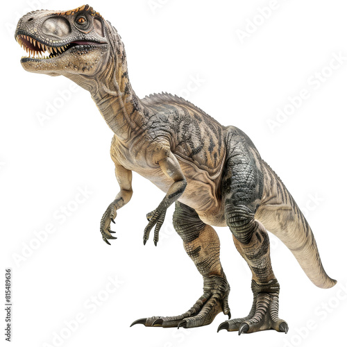 A small, bipedal dinosaur with a long tail and sharp teeth. It is covered in feathers and has a distinctive crest on its head.