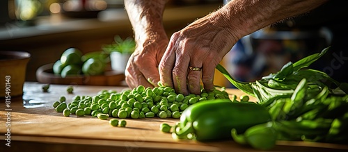 A skilled chef stands at a kitchen table gently removing the outer skin from fresh green pea pods revealing the vibrant organic produce The image showcases the process of preparing wholesome peasant