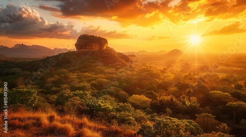 During the golden light of sunset the magnificent Sigiriya Rock often referred to as Lion Rock dominates the picturesque landscape of Sri Lanka