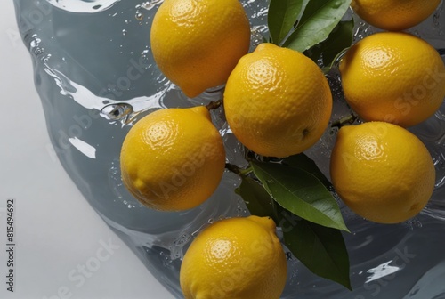 lemon slices are flying in the air, water droplets are leaves of lyon