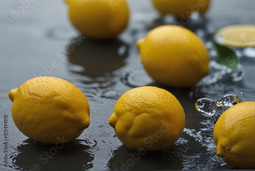 lemon slices are flying in the air, water droplets are leaves of lyon