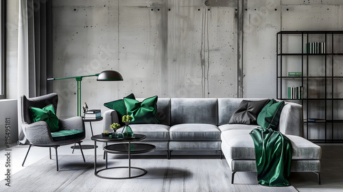 Industrial and loft living room interior with concrete wall gray sofa modern armchair simple black coffee table green pillows curtain books and personal accessories Home decor Template : Generative AI