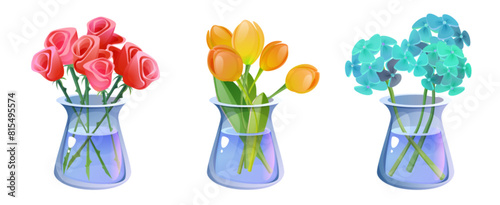 Bunch flower in vase. Floral spring bouquet vector. Isolated cute cut garden tulip, rose and hydrangea in glass illustration set. Colorful interior decoration for florist shop. Fresh bud in bottle