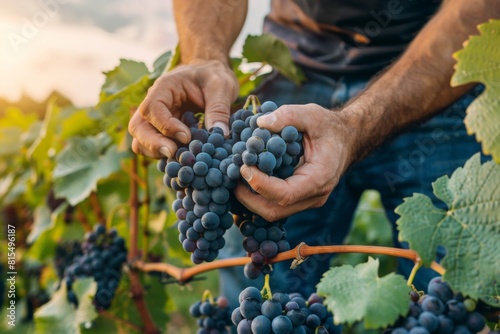 A man is picking grapes from the vine, holding them in his hand and carefully pulling out some purple grape clusters on green leaves. The background of an outdoor wineyard.