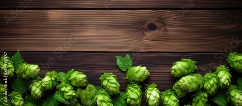 Top view of fresh green hops on a wooden table with ample space for adding text in the image