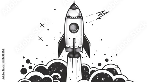 Vintage rocket flat design, front view, rocket theme, cartoon drawing, black and white