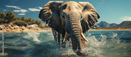 Elephant splashing in the water. Panoramic image.