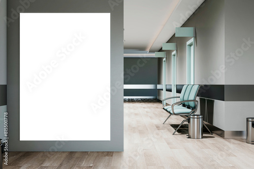 Modern office waiting area with blank advertising billboard, minimalistic style and soft lighting. Marketing display concept. 3D Render