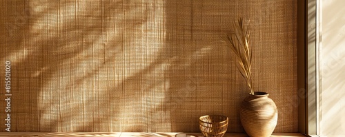 A woven raffia wall covering, bringing a light, airy texture to the space