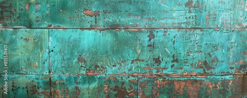 A weathered copper wall with verdigris patina creating unique green and blue hues