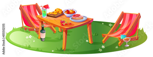 Cute outdoor picnic setup with food on table and two lounge chairs on green grass with daisy flowers. Cartoon vector spring or summer outside dinning with sandwich and vegetables, fruits and cocktail.