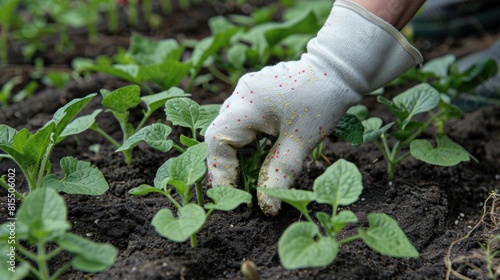 Person planting young green plants in soil. Close-up of hands with gloves gardening