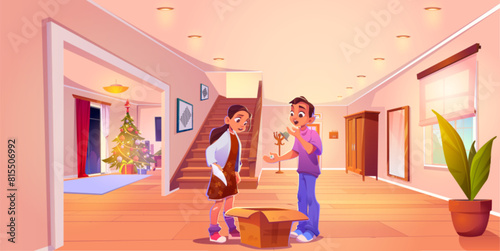Teenage with package in hallway vector background. Surprised children watching inside box in hall with staircase. Christmas tree in living room near window. Large lobby with mirror and closet