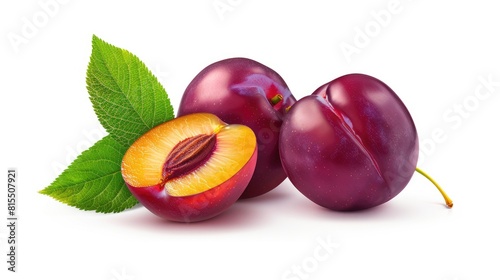 Isolated white background with fresh ripe marian plum and leaf