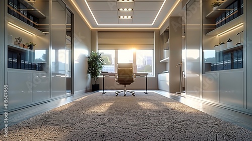 A separate office, modern style, office chairs, artistic lighting, white walls, brown carpet, natural light. Generative AI.