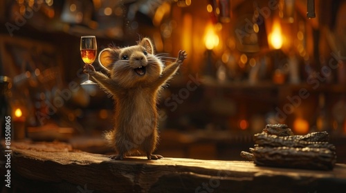 A cartoon mouse is holding a glass of alcohol and is smiling