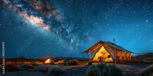 A luxury glamping tent in the middle of a serene desert landscape, under a sky filled with stars and a distant campfire