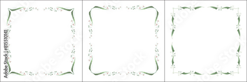 Set of three vegetal vector frames with tiny flowers. Square frames. Vector frame for all sizes and formats. Isolated vector illustration.