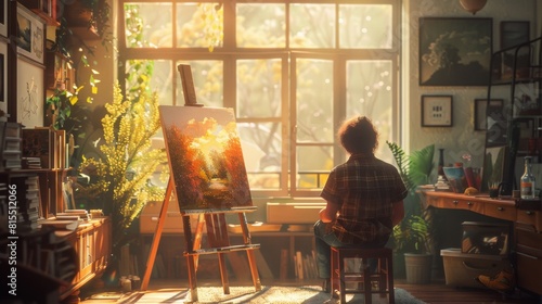 a person painting on an easel in a sunlit room