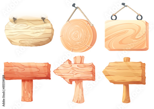 Wooden signboards set isolated on white background. Vector cartoon illustration of direction pointer board on pole, oval, round and square wood signs hanging on rope, travel game ui design elements
