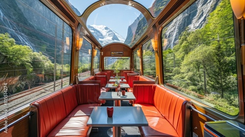 A train car with a view of mountains and a dining area with red seats