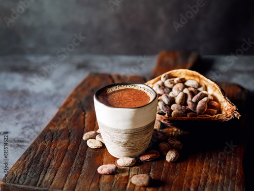 Natural craft cocoa drink on wooden tray, organic healthy chocolate drink with brown cocoa beans and dry cacao pod
