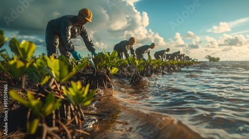 a group planting mangrove trees along the coastline