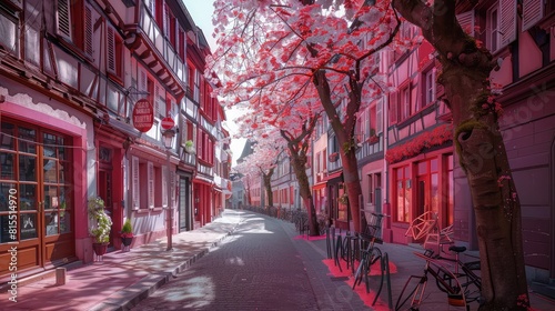 A picturesque cobblestone street lined with beautiful cherry blossom trees in full bloom,cherry blossom Sakura blooming street view,Serene Cherry Blossom Traditional Decoration 