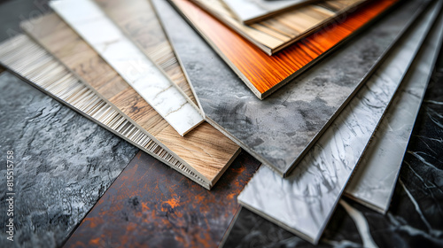 home interior material samples selection contains brushed stainless metallic laminated wooden vinyl flooring tiles laminated tiles marble stone stone tiles placed black stone table bac : Generative AI