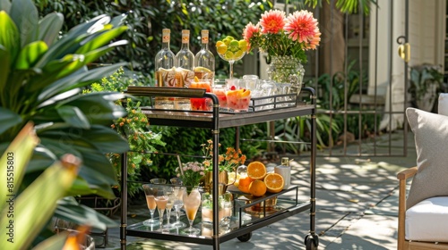 A patio setting featuring a bar cart filled with a variety of drinks ready for entertaining guests in an outdoor space.