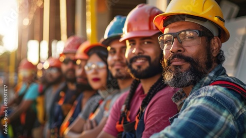 A group of construction workers wearing hard hats and safety glasses