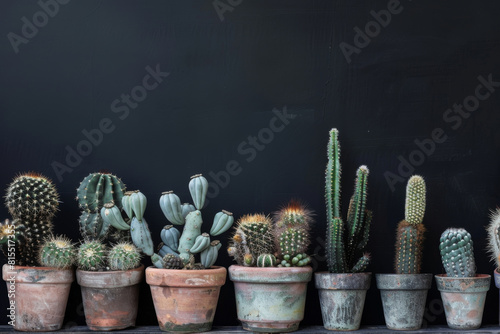 Pots with various cacti on a dark background. Home gardening background