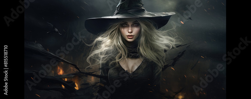 Magic witch with sorcerer ball on haloween background