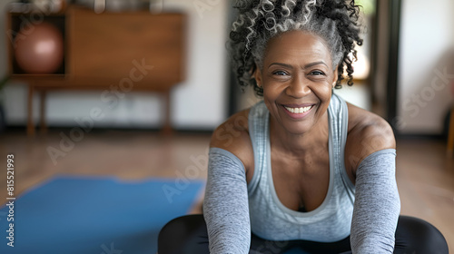 fitness black american happy her active at copy woman space and doing gym mature home pilates smiling african