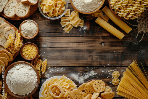 Top view of organic products. Bowls with different gluten free grains on wooden background