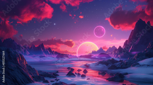 Beautiful Alien Planet Landscape with Rocks and Ocean, Aurora Borealis in the Sky, Purple Red Blue Pink Sunset, Space Photography, Colorful Sky, Small Moon Visible on Background, Neon Light