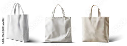 Mockup of tote bags in various shapes and handle lengths. Realistic 3D vector set of white cloth canvas eco shoppers. Blank fabric cotton or linen reusable grocery handbags, ideal for custom designs.