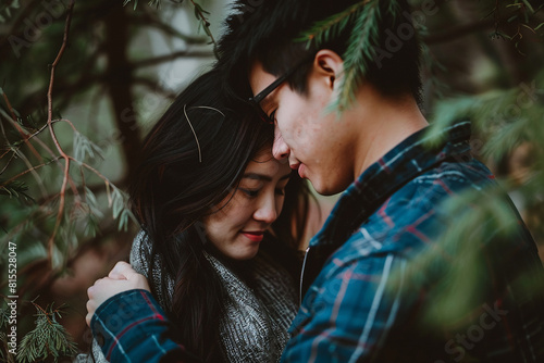An Asian couple standing close wrapped in a comforting hug