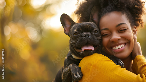 cuddling mixed woman the bulldog dog race happy french park space copy in