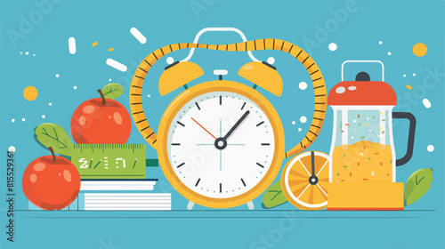 Meal plan with measuring tape alarm clock and apples