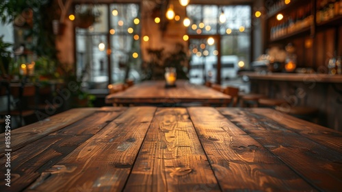 With a blurry background of a bar event, a hardwood table sits in a city building. Heating and wood flooring create a cozy atmosphere.