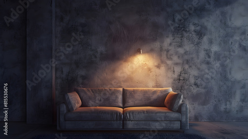 Gray velour sofa in a dark room the bright light from eternal light and artificial fireplace Interior loft with concrete walls : Generative AI