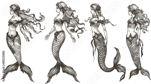Mermaid in various postures hand drawn contour illustration