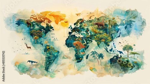 Hand-painted geographical world map with vibrant watercolor detailing of exotic wildlife and iconic trees from various biomes