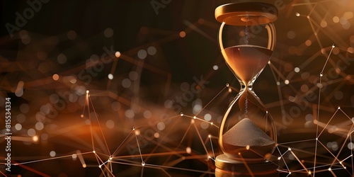 Time passing symbolized by hourglass with falling sand against dark neural network background. Concept Time Passing, Hourglass, Falling Sand, Dark Neural Network Background, Symbolism