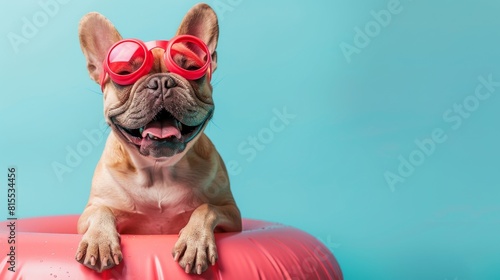 A dog wearing sunglasses and sitting on a red inflatable pool